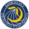 California Community Colleges Logo, Dark blue circular background, 加州社区学院, inside is their Logo, a big yellow C.